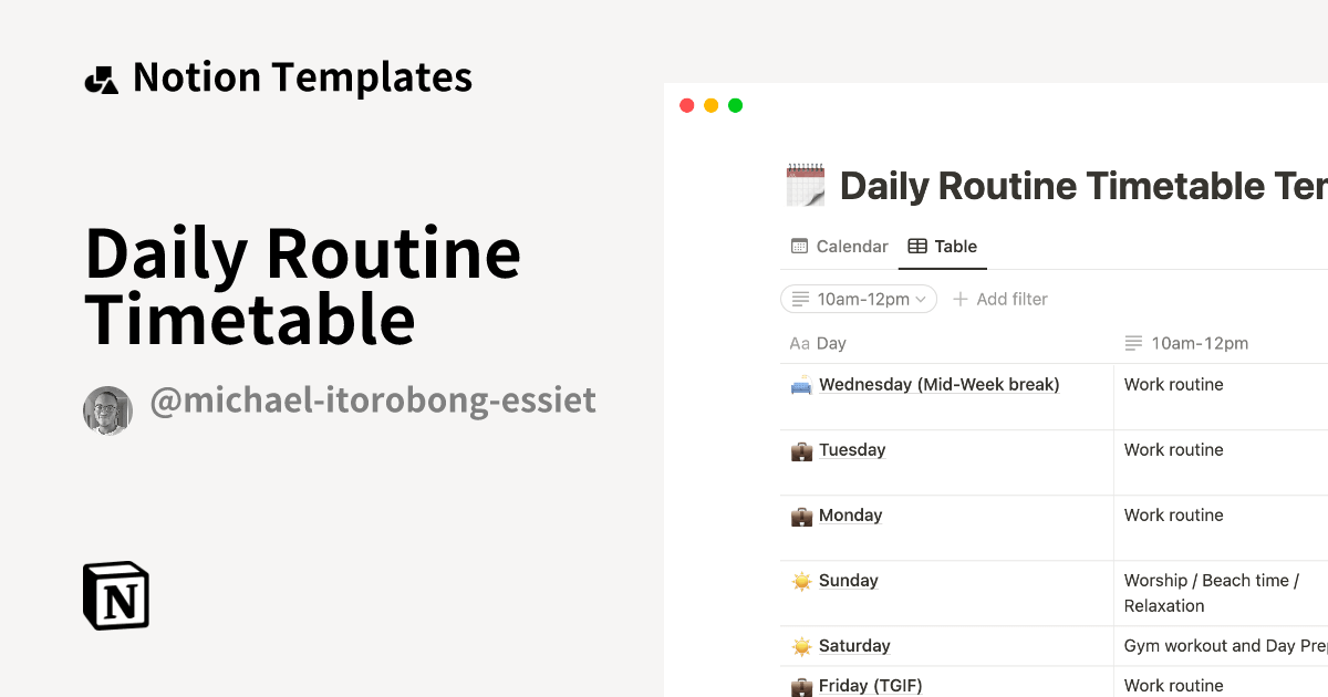 Daily Routine Timetable by Michael Itorobong Essiet Notion Template