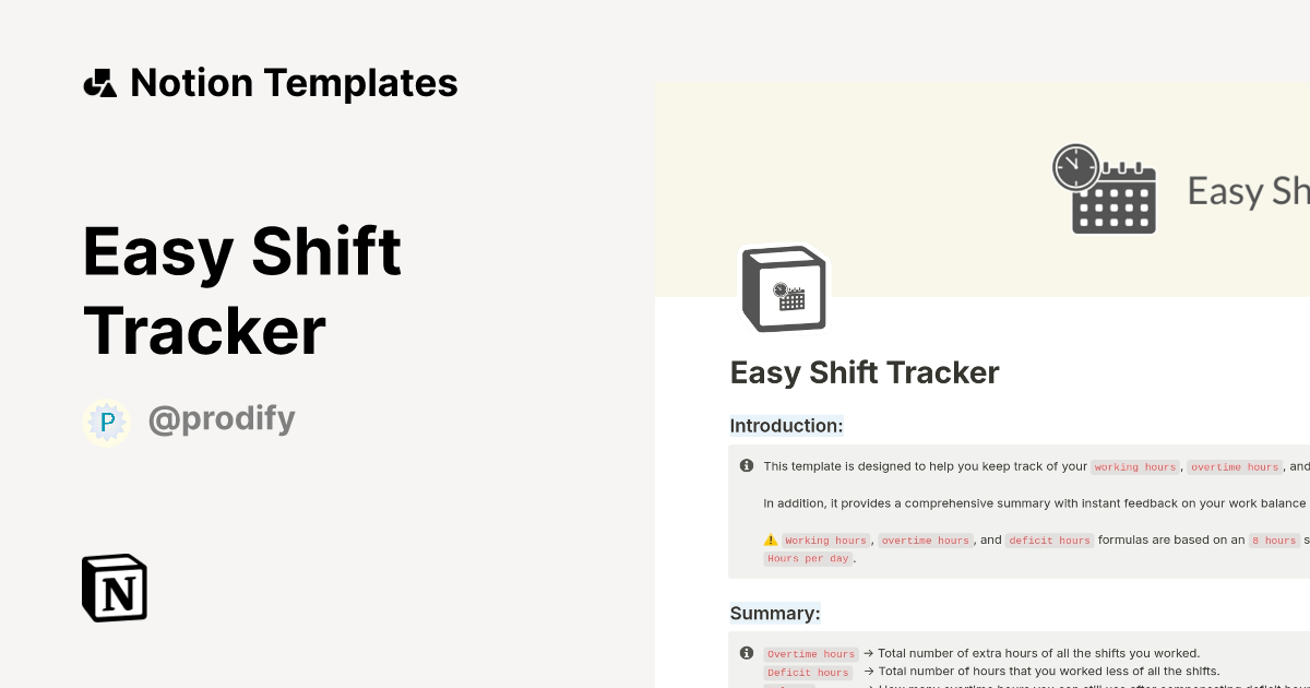 Easy Shift Tracker by Prodify Notion Template
