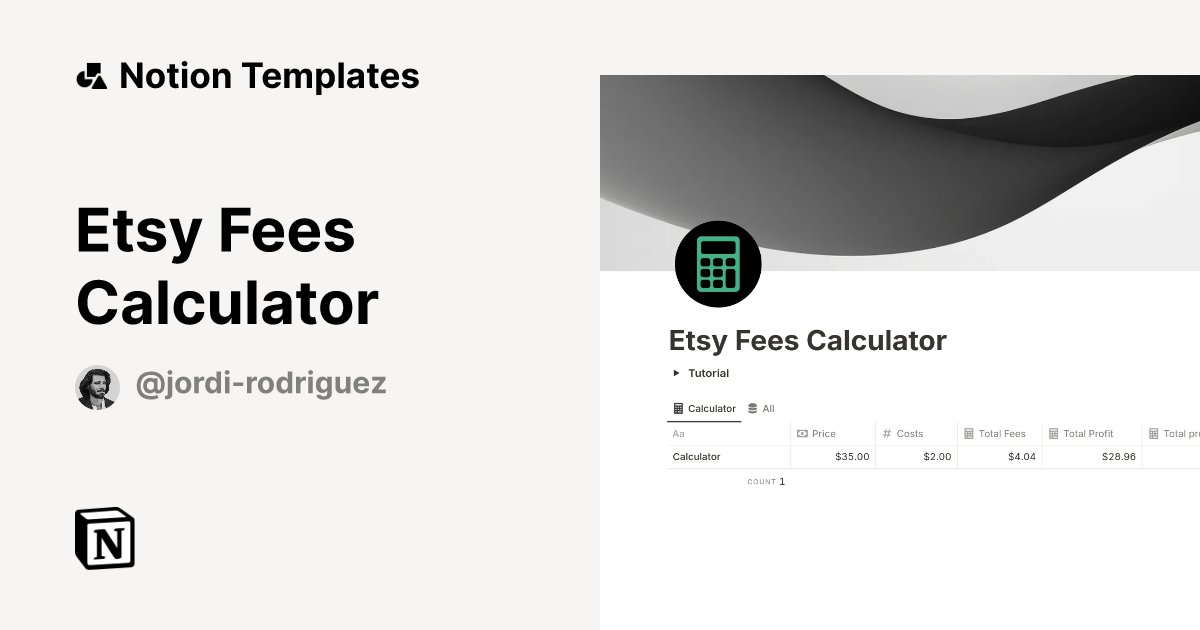 Etsy Fees Calculator by Jordi Rodriguez Notion Template