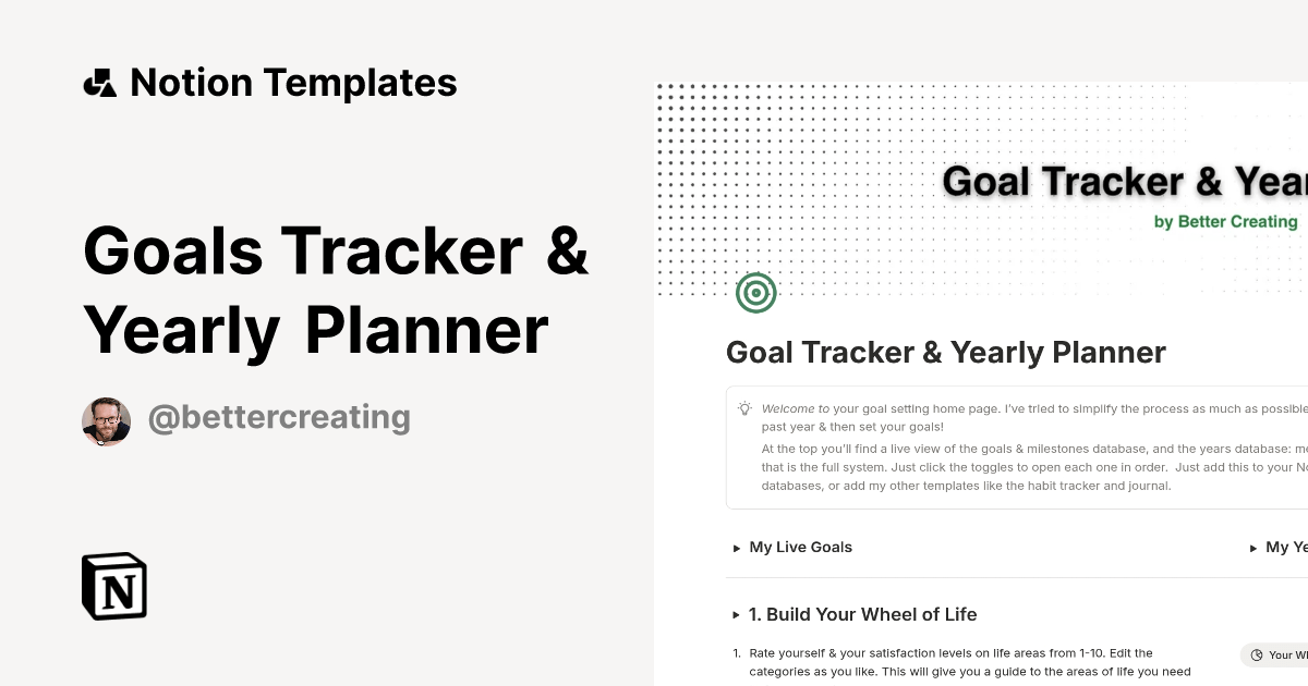 Goals Tracker & Yearly Planner by Better Creating Notion Template