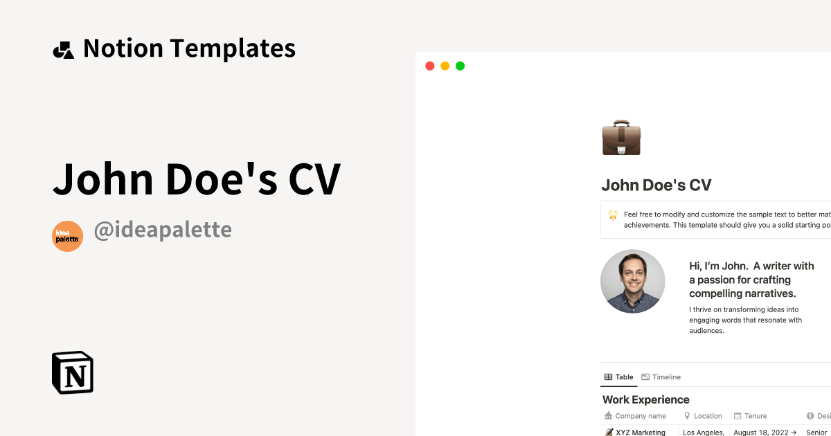 John Doe's CV by Idea Palette Notion Template