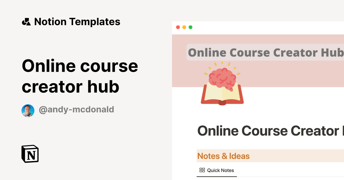 Online course creator hub by Andy McDonald Notion Template