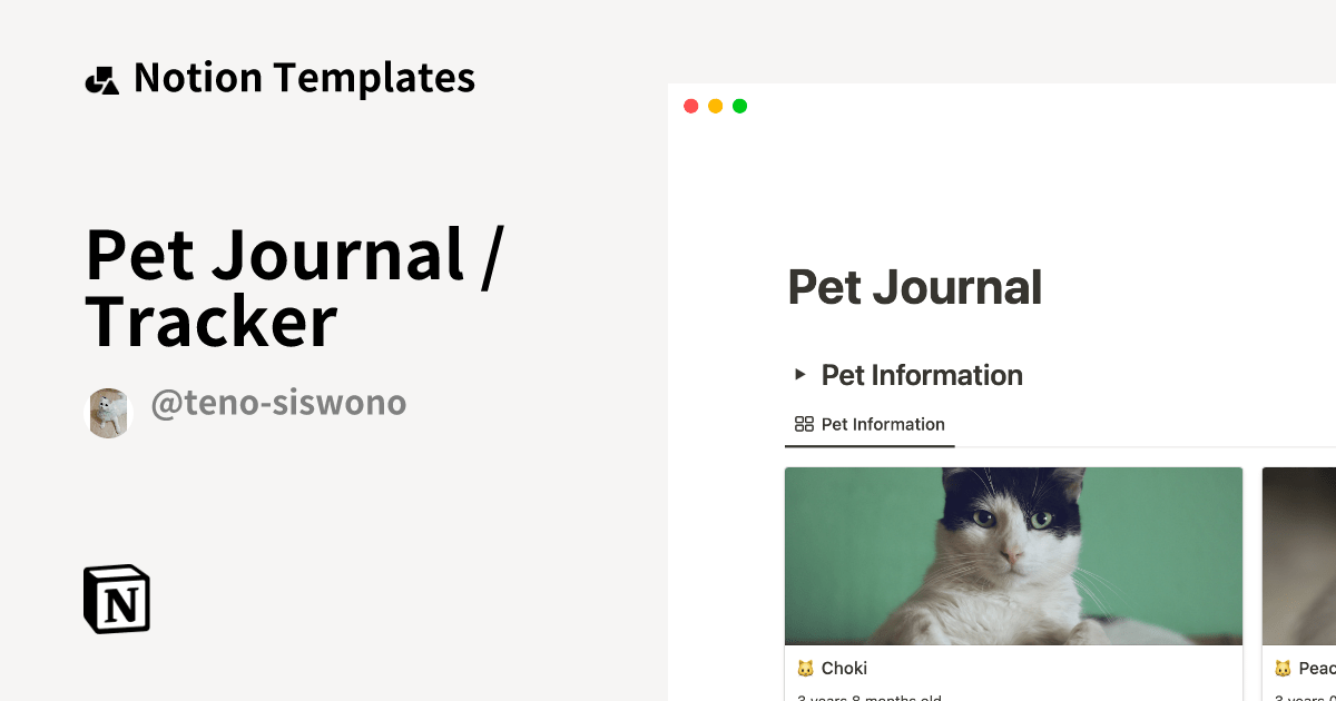 Pet Journal / Tracker by Teno Siswono Notion Template