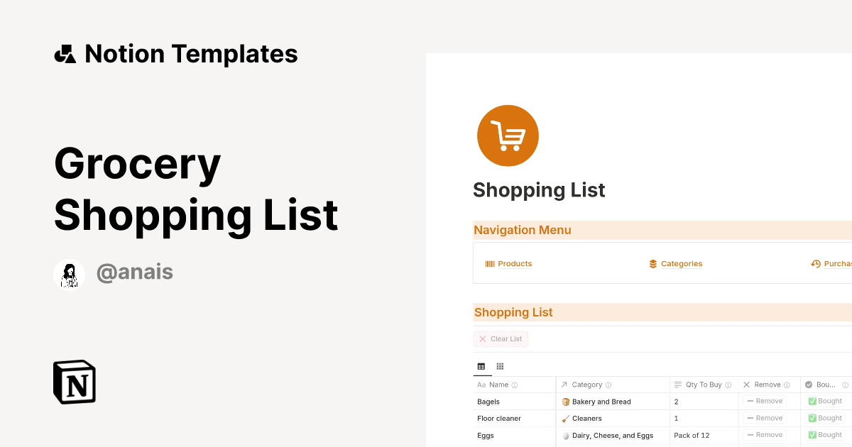 Grocery Shopping List Notion Template