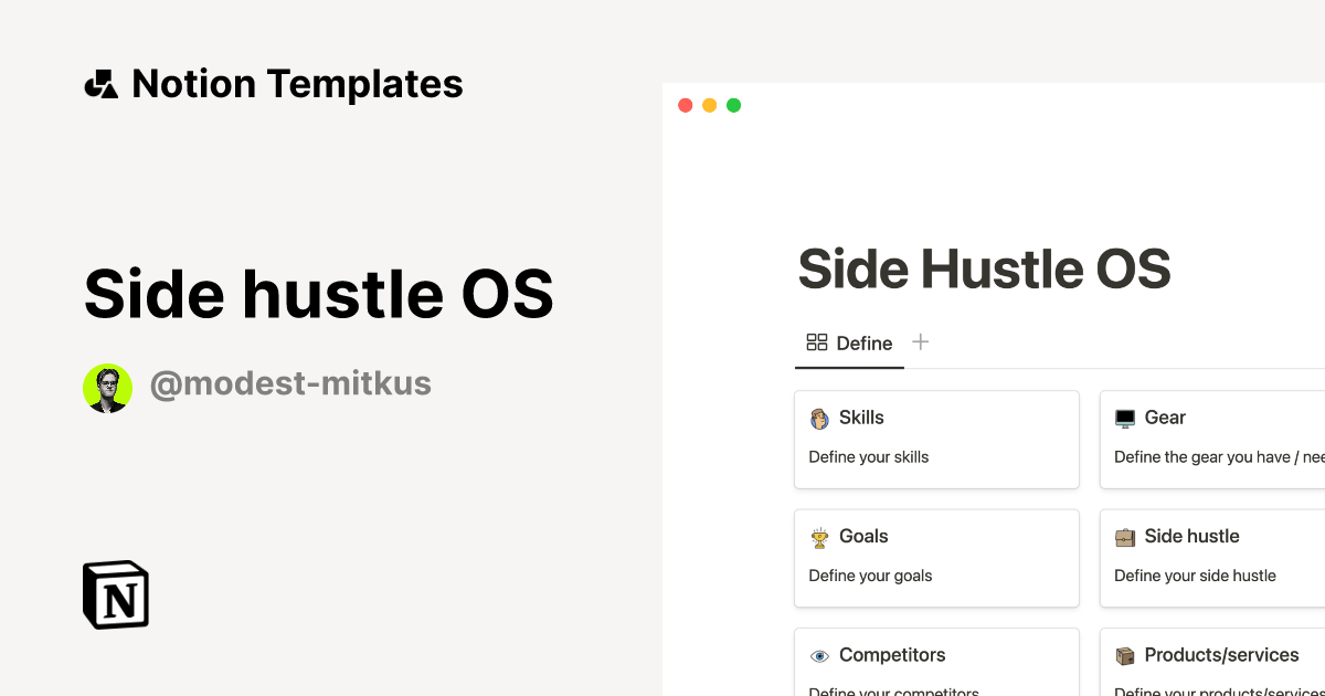 Side hustle OS by Modest Mitkus Notion Template