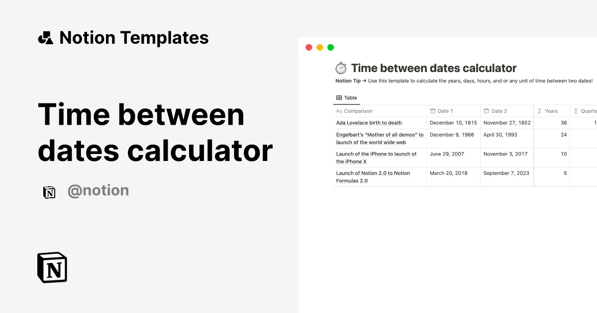 Time between dates calculator 2024 Notion Template
