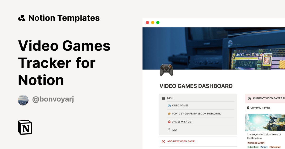 Video Games Tracker for Notion by Bon Voyarj Notion Template