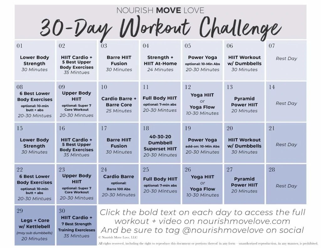 Free 30 Day Workout Challenge + Workout Calendar |Nourish Move Love