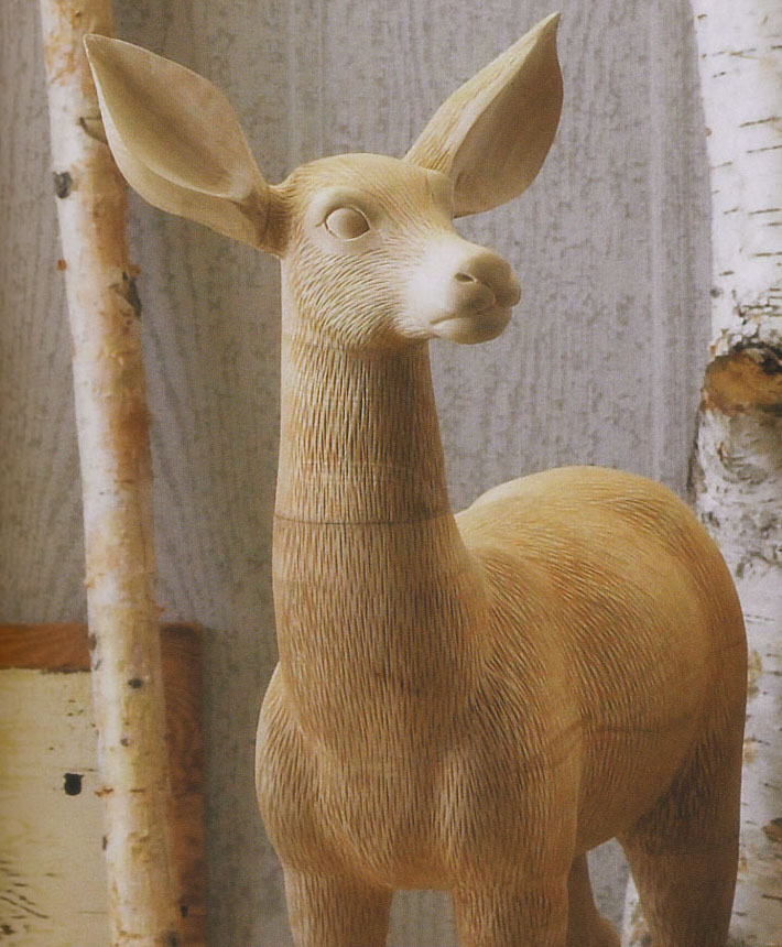 Sculptural Wooden Deer Sculpture Adult Standing Fallow Doe