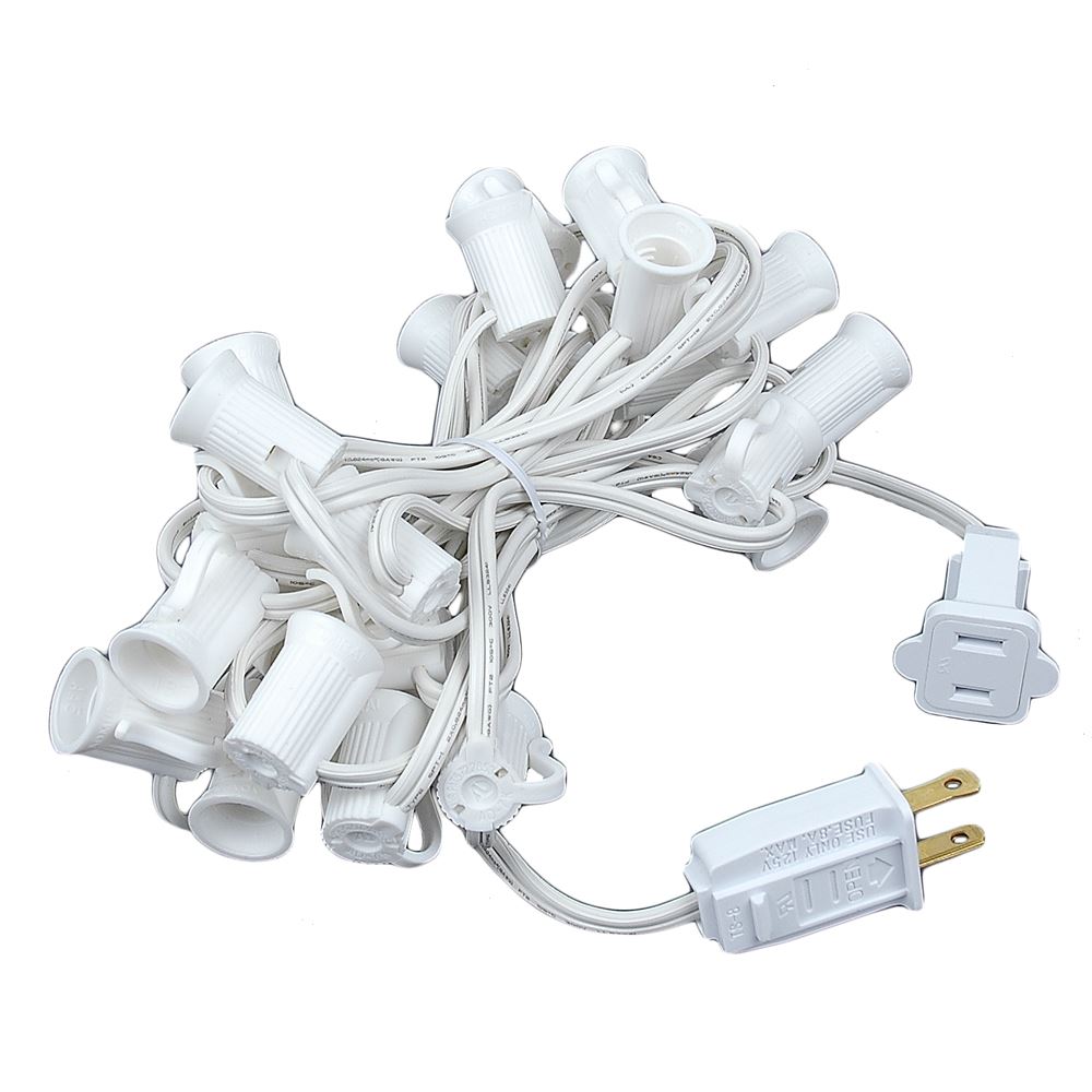 12.5' White C7 Christmas Light Cords With 25 Sockets Spaced 6" Apart