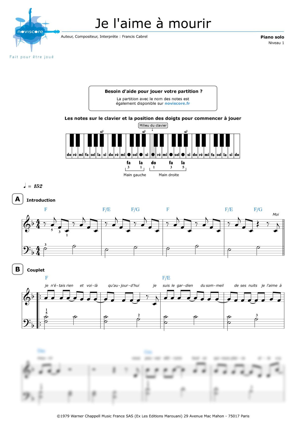 Piano sheet music Je l'aime à mourir (Francis Cabrel) Noviscore sheets