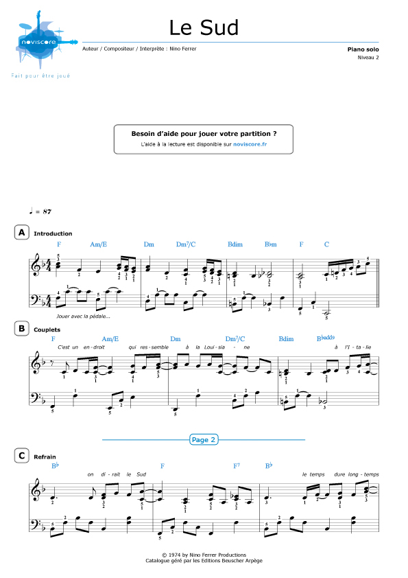Piano sheet music The South (Le Sud) (Nino Ferrer) Noviscore sheets