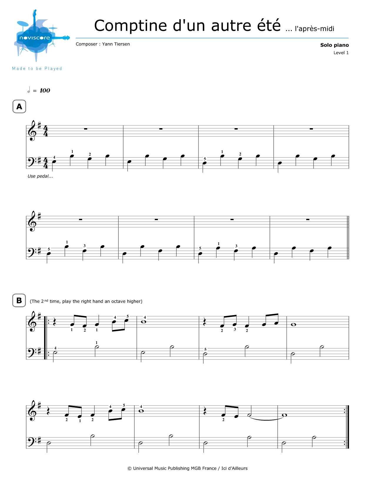 Piano sheet music Comptine d'un autre été (Yann Tiersen) Noviscore sheets