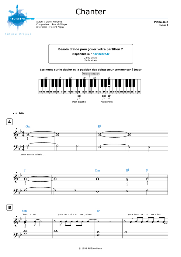 Piano sheet music Chanter (Florent Pagny) Noviscore sheets
