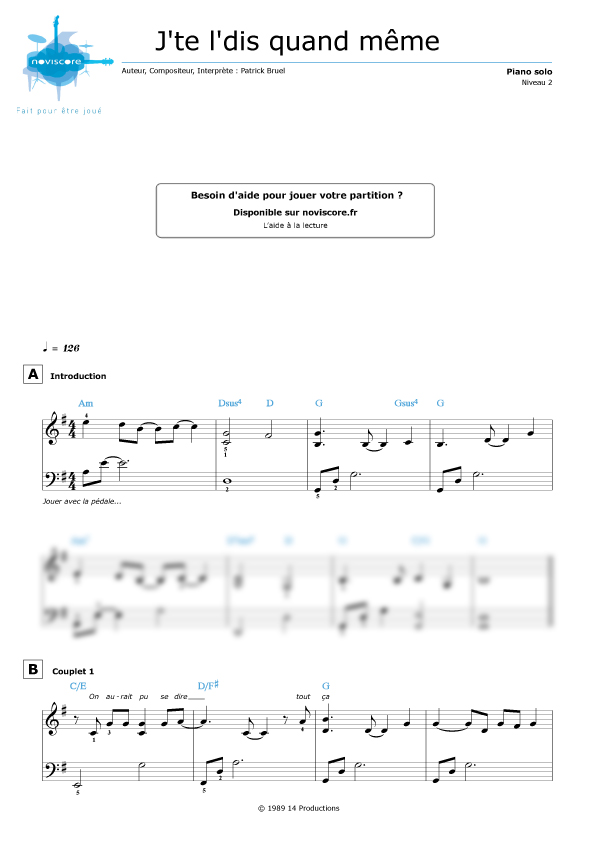 Piano sheet music J'te l'dis quand même (Patrick Bruel) Noviscore sheets