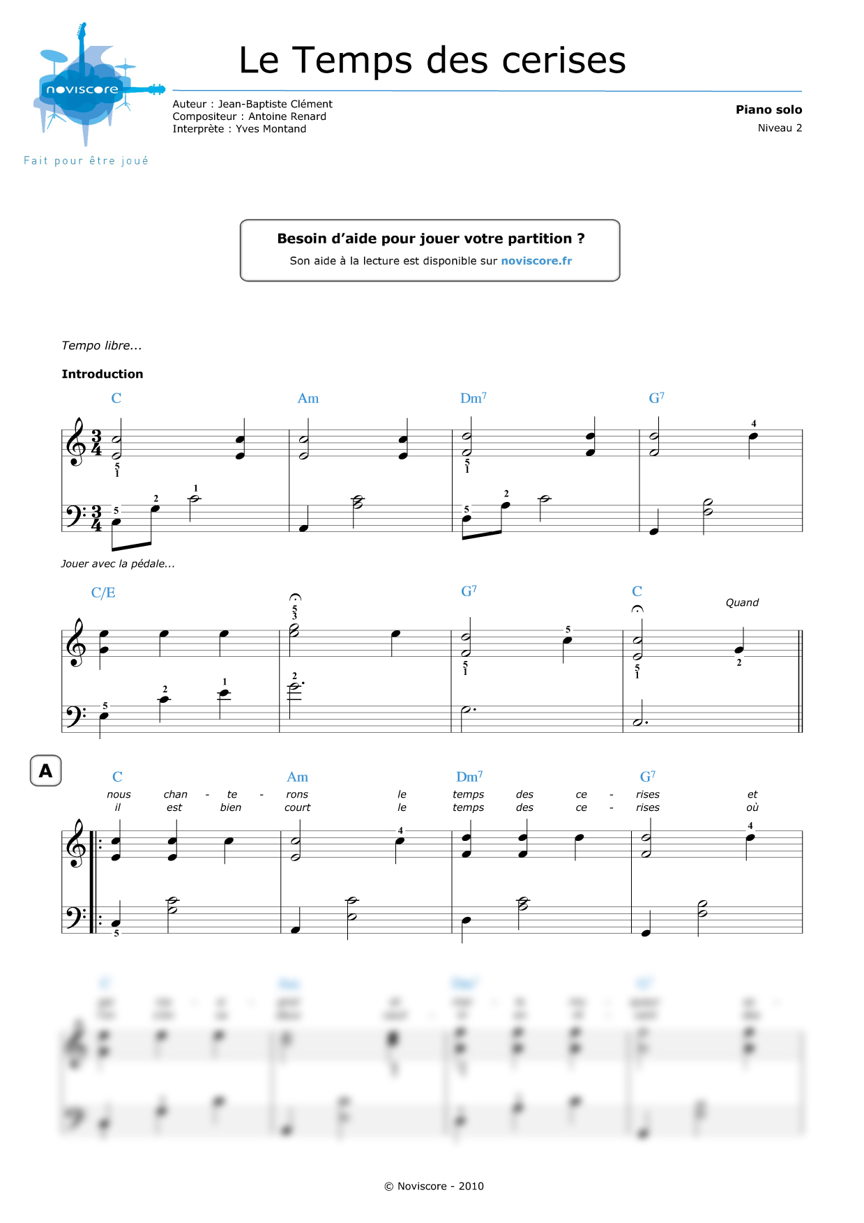 Piano sheet music Le Temps des cerises (Yves Montand) Noviscore sheets