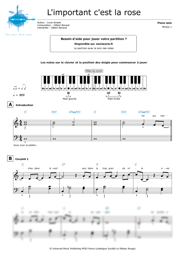 Piano sheet music L'important c'est la rose (Gilbert Bécaud