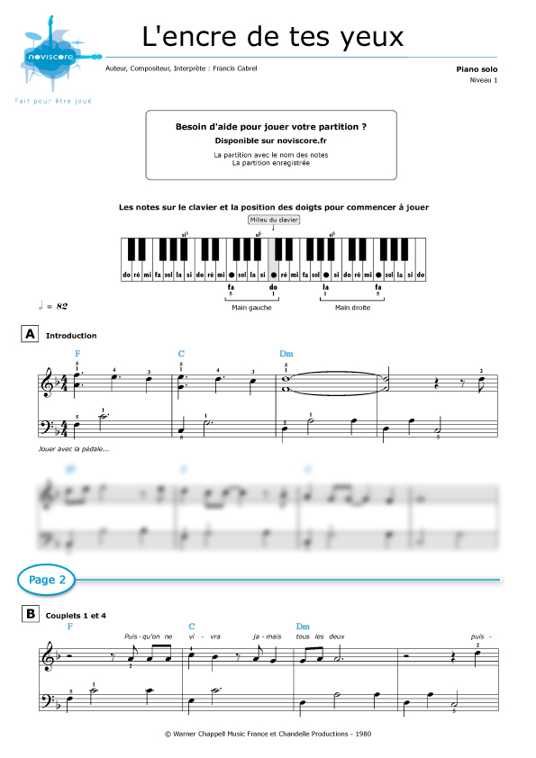 Piano sheet music L'encre de tes yeux (Francis Cabrel) Noviscore sheets