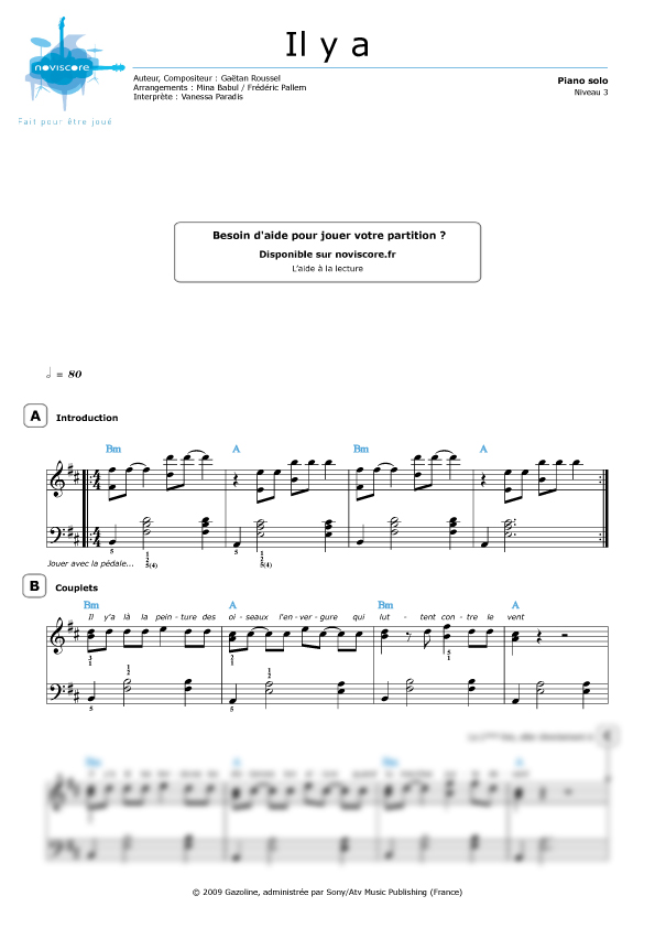 Piano sheet music Il y a (Vanessa Paradis) Noviscore sheets