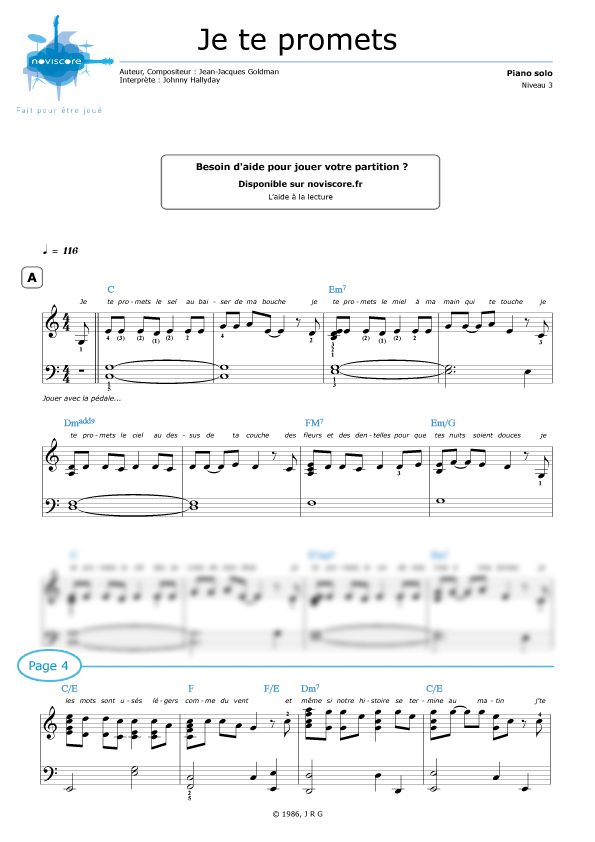 Piano sheet music Je te promets (Johnny Hallyday) Noviscore sheets