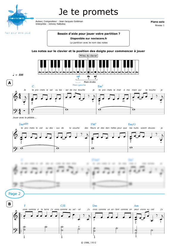 Piano sheet music Je te promets (Johnny Hallyday) Noviscore sheets