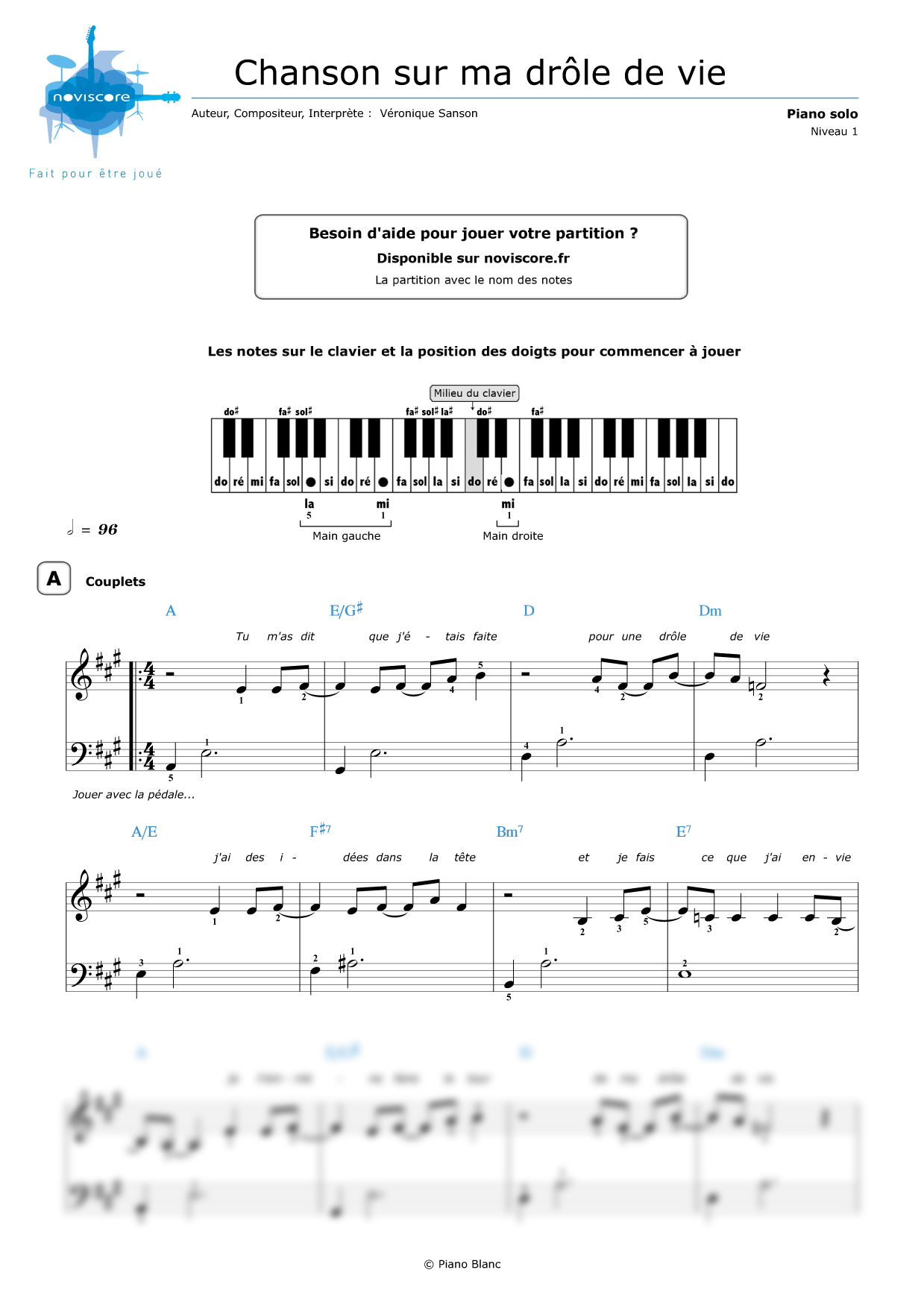 Piano sheet music Chanson sur ma drôle de vie (Véronique Sanson