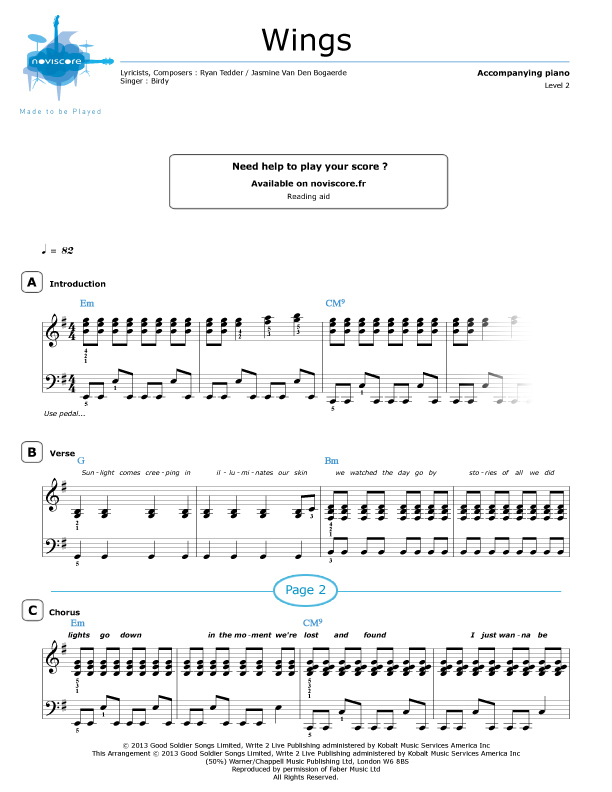 Piano sheet music Wings (Birdy) Noviscore sheets