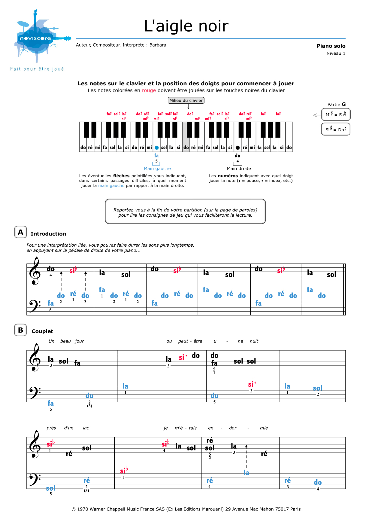 Piano sheet music L'aigle noir (Barbara) Noviscore sheets