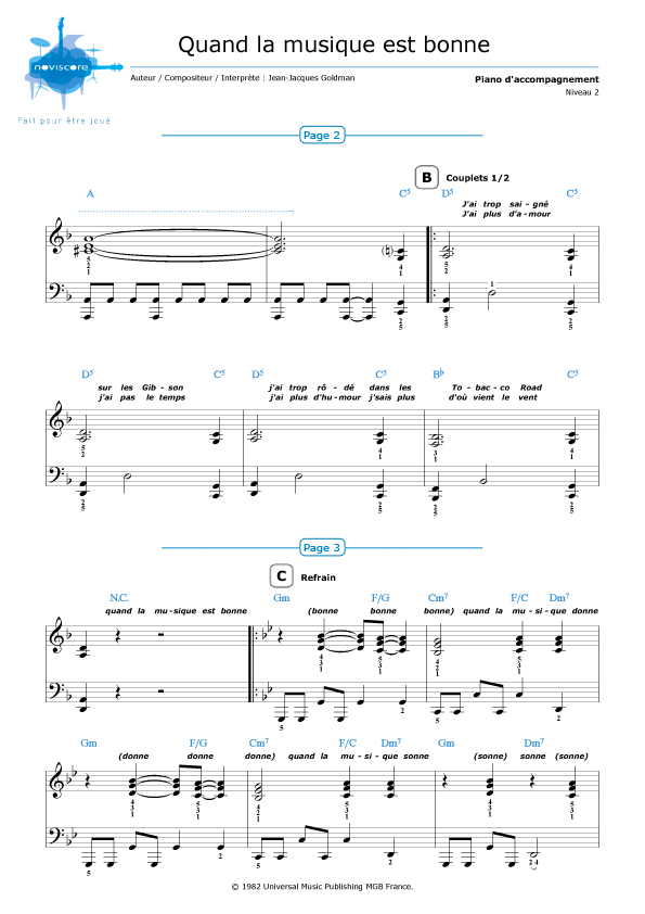 Piano sheet music Quand la musique est bonne (JeanJacques Goldman