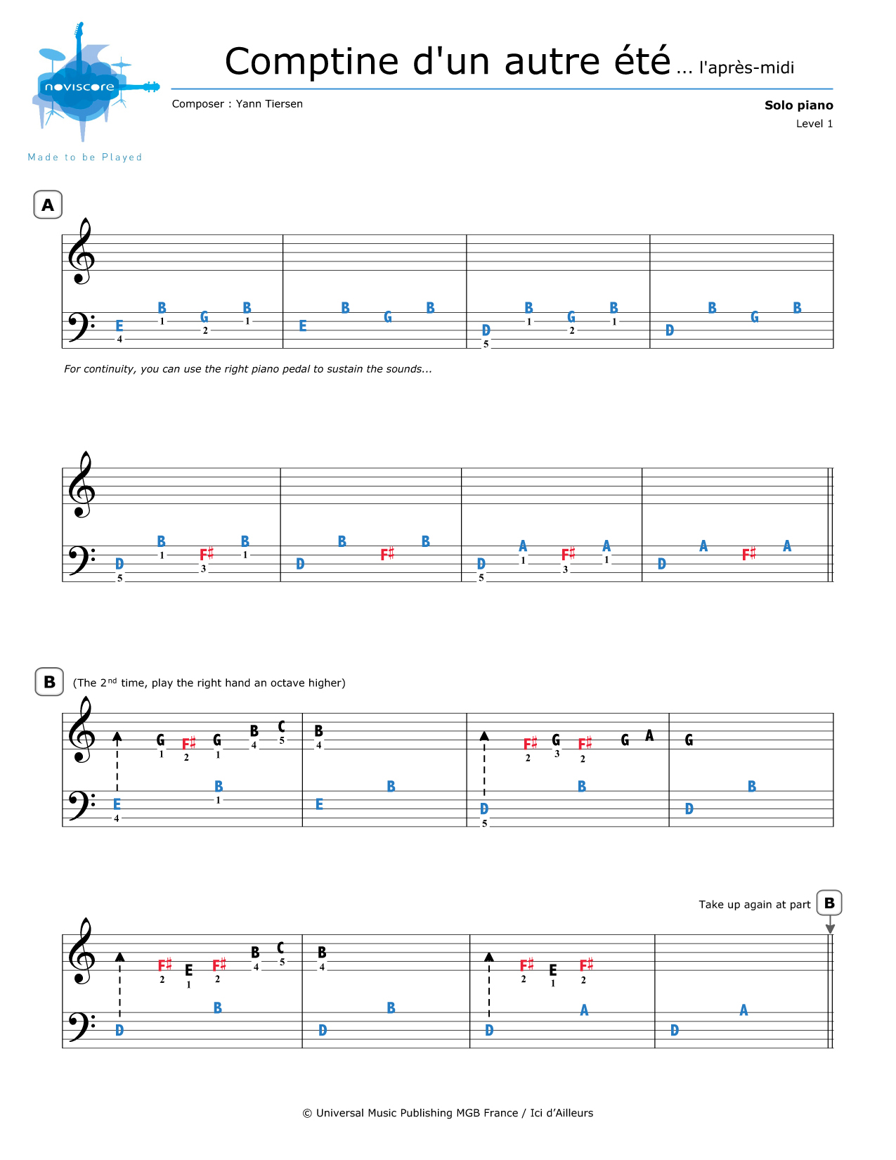 Piano sheet music Comptine d'un autre été (Yann Tiersen) Noviscore sheets
