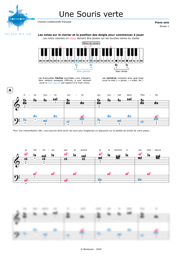 Piano sheet music Une Souris Verte (Chanson pour enfants) Noviscore