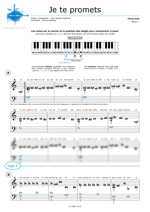Piano sheet music Je te promets (Johnny Hallyday) Noviscore sheets