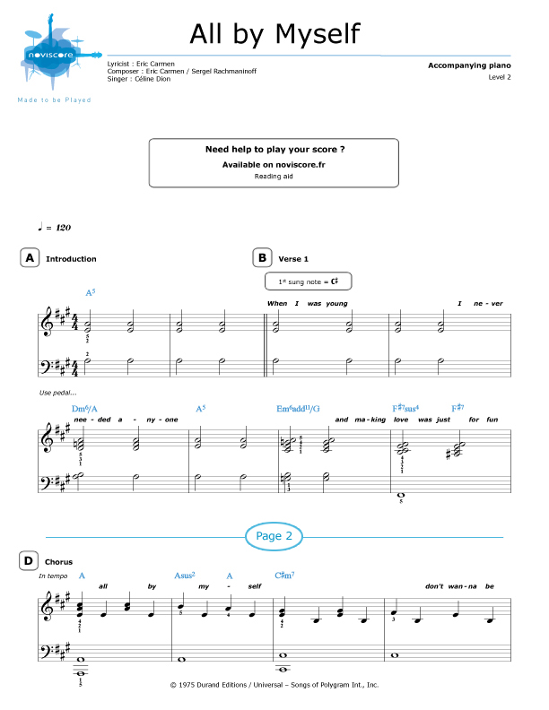 Piano sheet music All By Myself (Céline Dion) Noviscore sheets