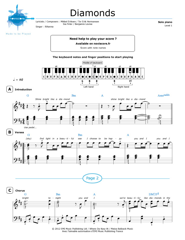 Piano sheet music Diamonds (Rihanna) Noviscore sheets