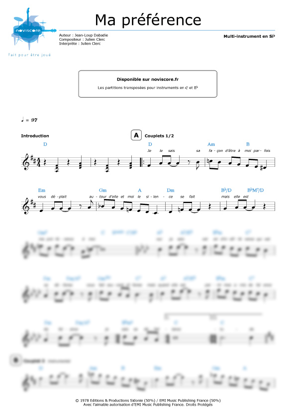 Other sheet music Ma préférence (Julien Clerc) easy sheet music