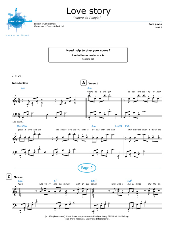 Piano sheet music Love Story (Where do I begin) (Francis