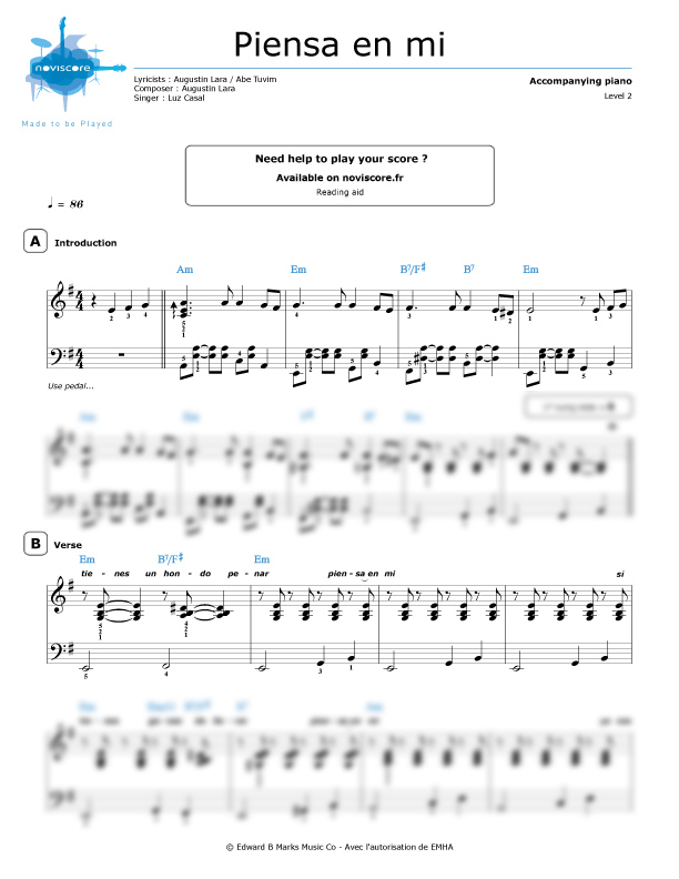 Piano sheet music Piensa en mí (Luz Casal) Noviscore sheets