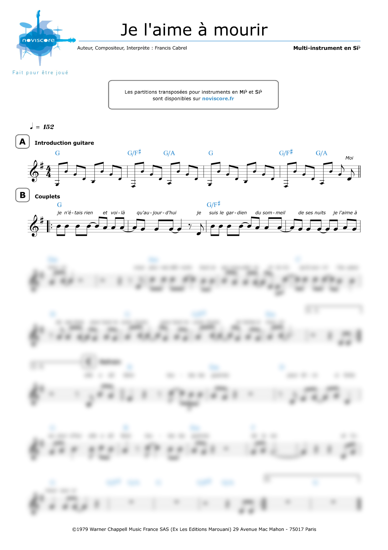 Other sheet music Je l'aime à mourir (Francis Cabrel) easy sheet