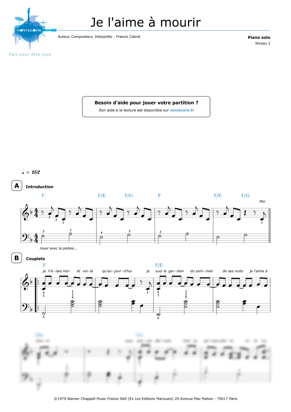Piano sheet music Je laime à mourir (Francis Cabrel) Noviscore sheets