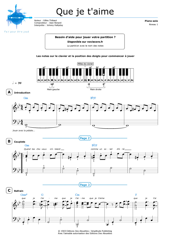 Piano sheet music Que je t'aime (Johnny Hallyday) Noviscore sheets