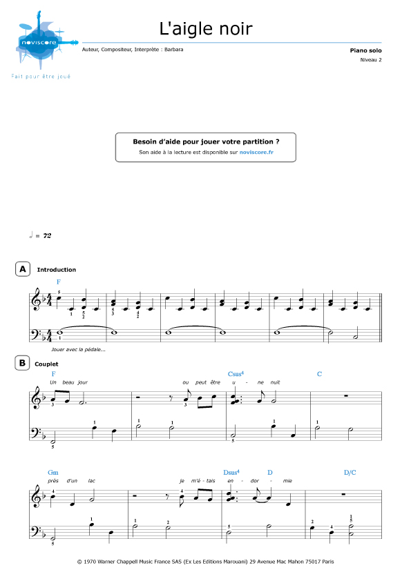 Partition piano L'aigle noir (Barbara) Partitions Noviscore