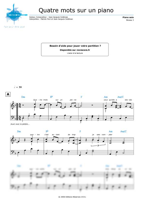 Partition piano 4 mots sur un piano gratuite