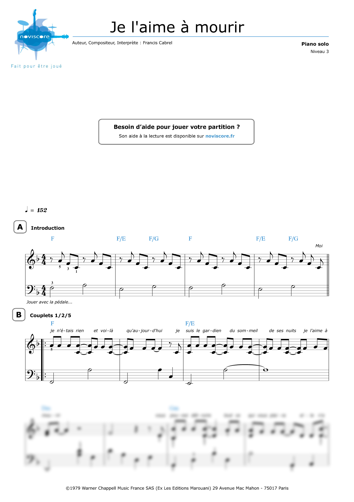 Partition piano Je l'aime à mourir (Francis Cabrel) Partitions Noviscore