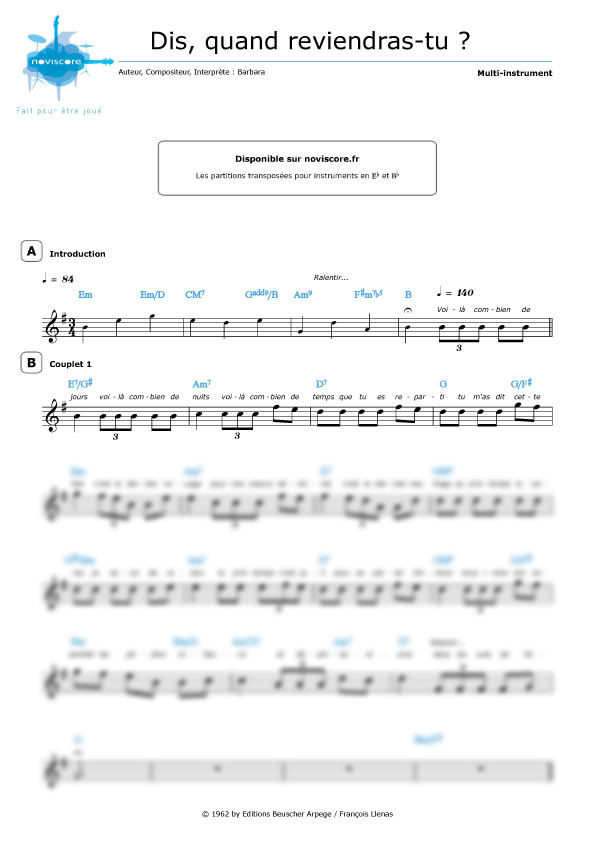 Partition piano dis quand reviendras tu