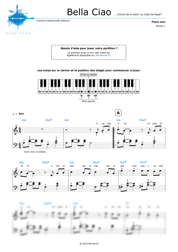 Partition piano Bella Ciao (Chanson traditionnelle, ) Partitions