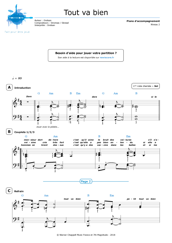 Partition piano Tout va bien (Orelsan) Partitions Noviscore
