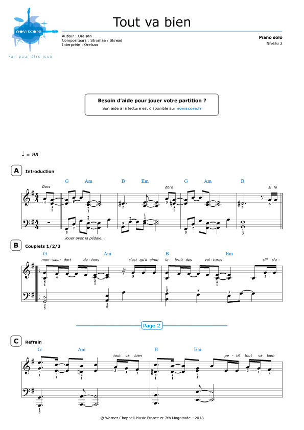 Partition piano Tout va bien (Orelsan) Partitions Noviscore