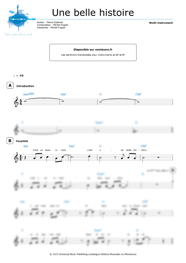 Partition Instrument Soliste Une belle histoire de Michel Fugain