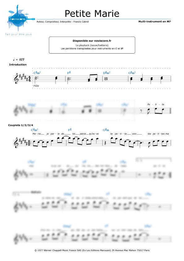 Partition Petite Marie (Francis Cabrel) partition facile Noviscore