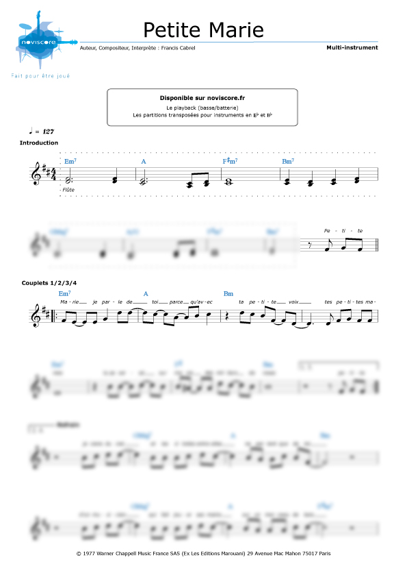 Partition Instrument Soliste Petite Marie de Francis Cabrel Noviscore